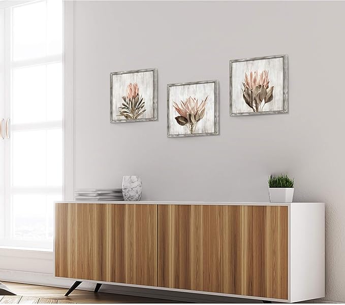 Pink Floral Wall Art Picture: Blossom Protea Flower Artwork Print on Rustic Wood Framed for Home Decor (12” x 12” x 3 Panels)