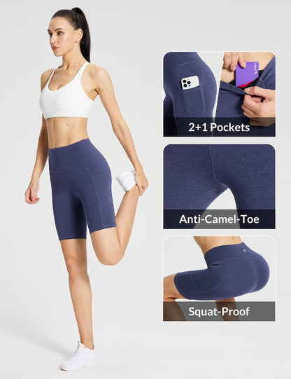 baleaf Biker Shorts Women Yoga Gym Workout Spandex Running Volleyball Tummy Control Compression with Pockets 8" Heather Blue M