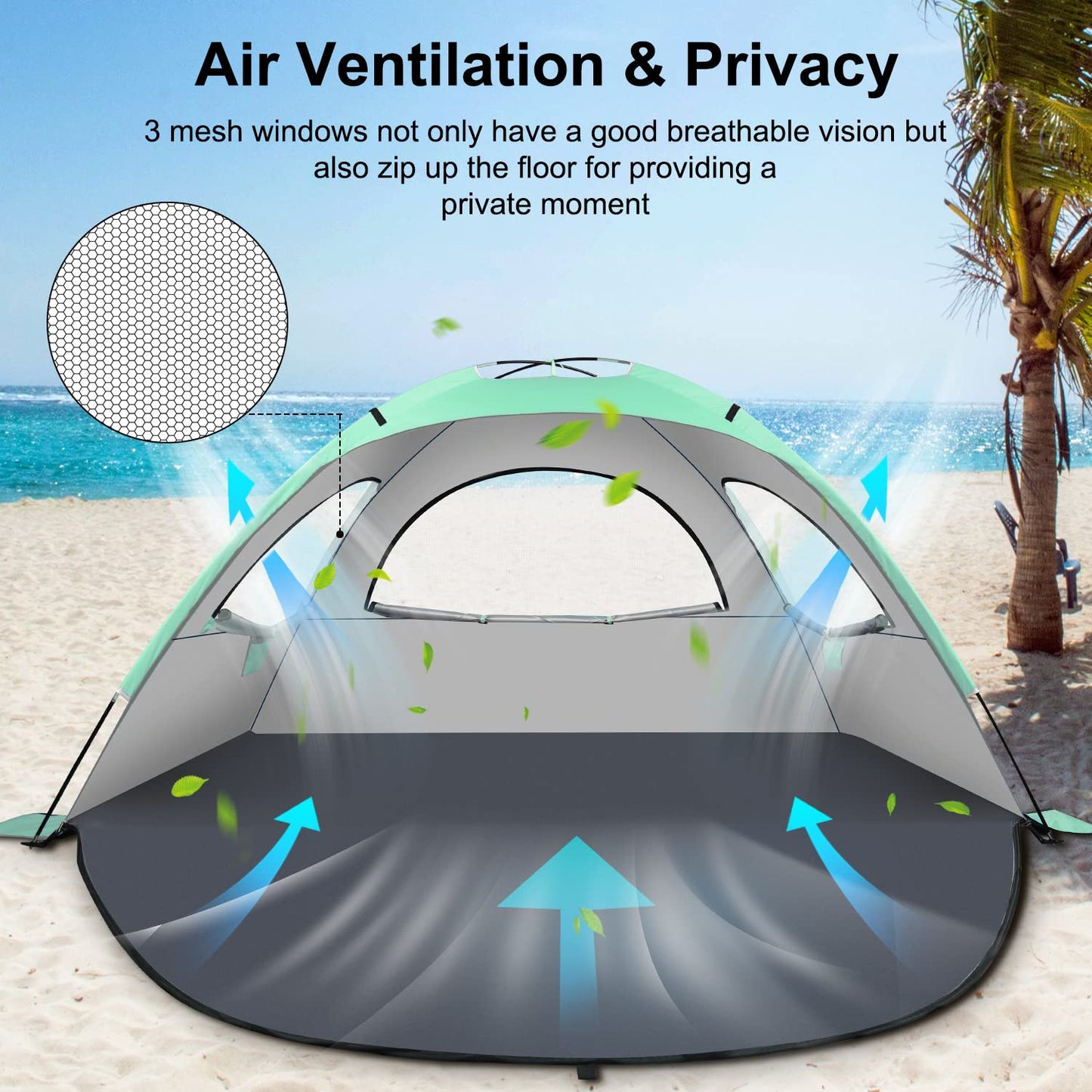 YITGOG Beach Tent Sun Shelter for 3-4 Person, Baby Beach Tent with UV Protection, 3 Mesh Roll Up Windows & 8.0mm Fiberglass, Easy Assemble (Green)