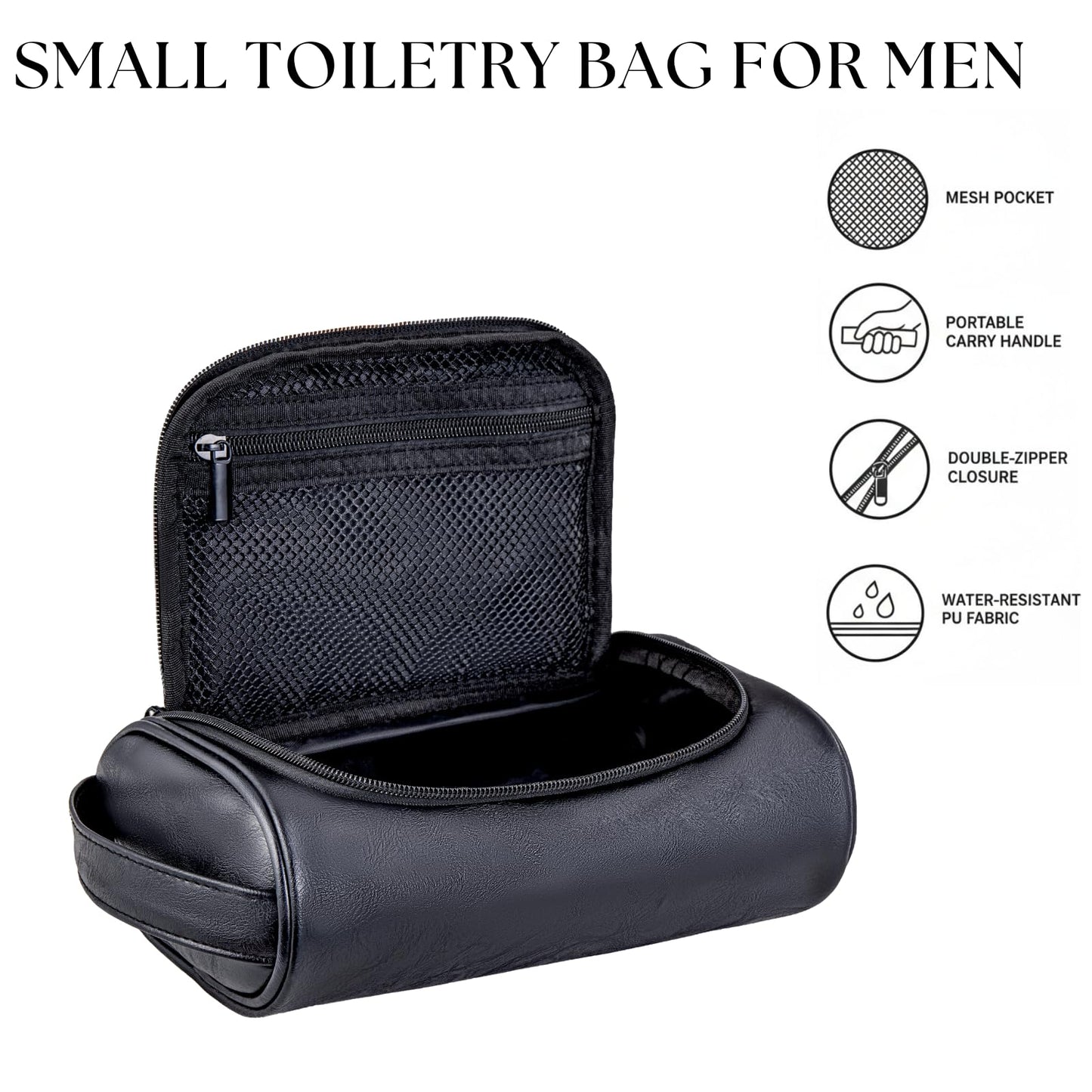 Cumbanho Mens Toiletry Bag, Compact Dopp Kit for Men Travel, PU Leather Shaving Kit, Water-Resistant Minimalist Organizer with Wrist Strap, Travel Toiletry Bag, Gift for Men,Small 9X5.9X3 Inch Black