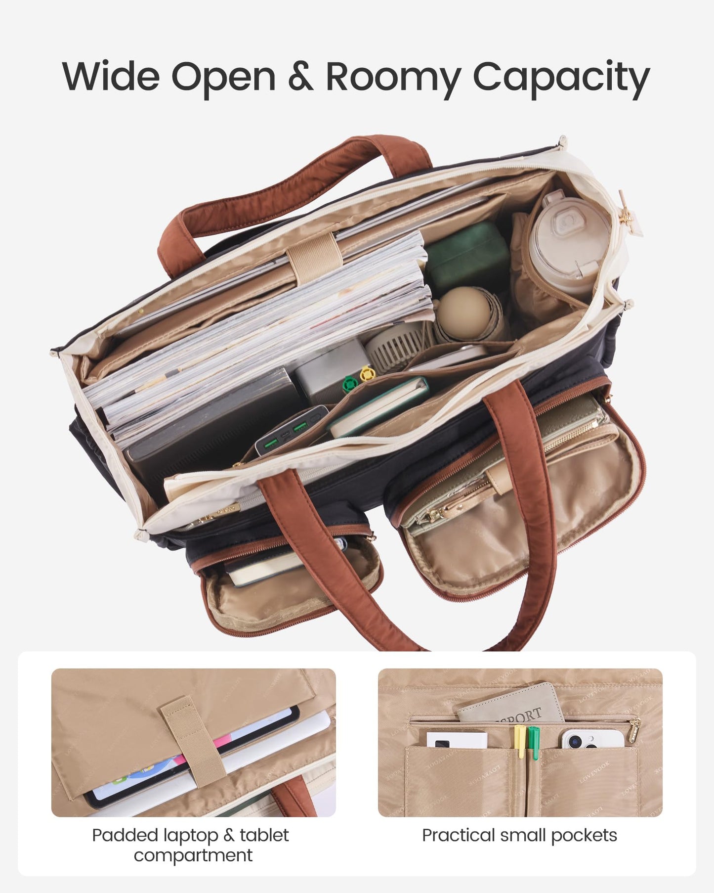LOVEVOOK Teacher Tote Bag for Women, Multi-pocket Laptop Bag with Large Cup Holder, Nurse Bags Work Briefcase Computer Purse Handbag for Business Office College Travel