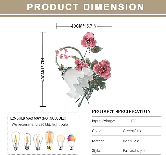 Vintage Floral Wall Sconce,Metal Wall Lamp with Glass Lampshade,Mounted Wall Lights for Bedroom Living Room Corridor Vanity Hallway E26 Wall Art Scones 40 * 40Cm Right