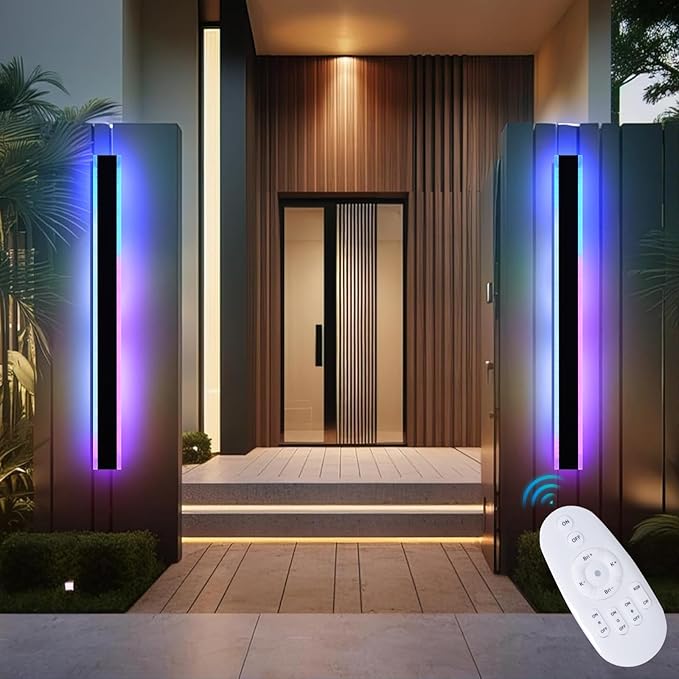 2 Pack Modern RGB Outdoor Wall Lights for Patio,48 inch Long Outdoor LED Wall Lights,Dimmable LED Long Linear Exterior Lighting,Outside Linear Wall Light for Front Door,Garage,Enterway