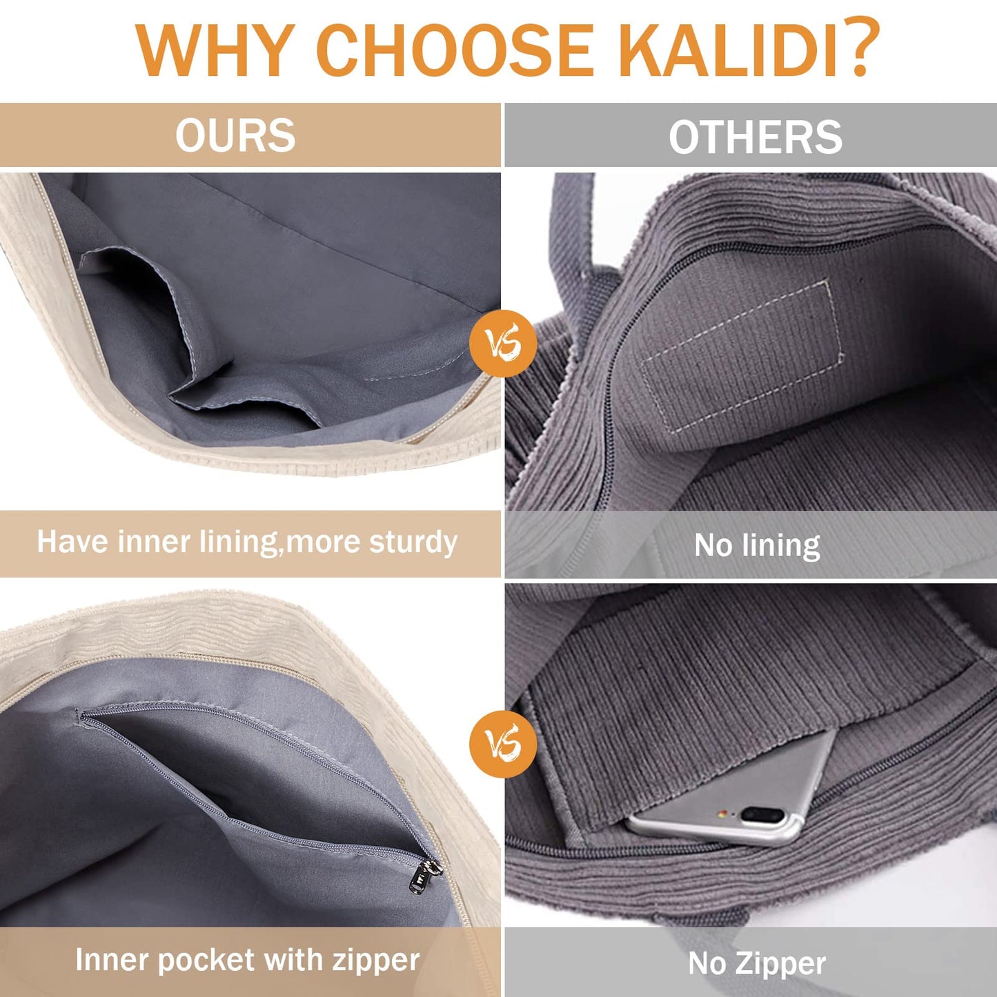 KALIDI Corduroy Tote Bag, Zipper Messenger Bag Shoulder Hobo Crossbody Bag Casual Work Colledge Shopping Women