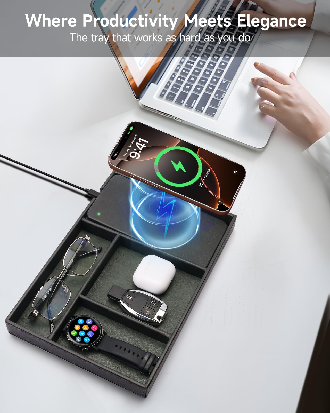 Valet Tray, Built in Wireless Charging Pad, Nightstand Organizer, Two-Toned Premium Vegan Leather Desk Bedside Caddy Organizer Tray for Keys, Watch, Wallet, Jewelry (Black+Green)