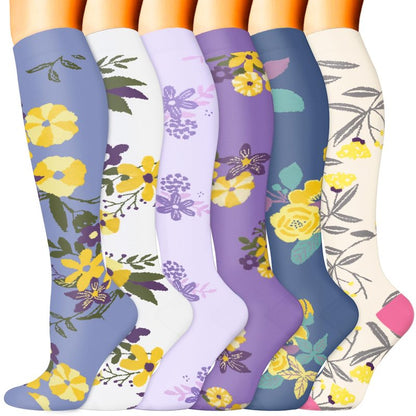 Sooverki Compression Socks for Women & Men 6 Pairs is Best Supportive Knee High Leg Warmers for Purple Yellow Floral Flower Fashion Pattern Arch Support Cushioned
