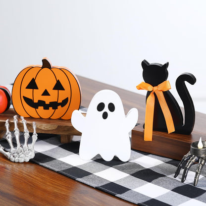 Halloween Decorations-Wooden Ghost Pumpkin Cat Blocks Signs-Cute Freestanding Table Signs for Rustic Farmhouse Home Mantle Decor