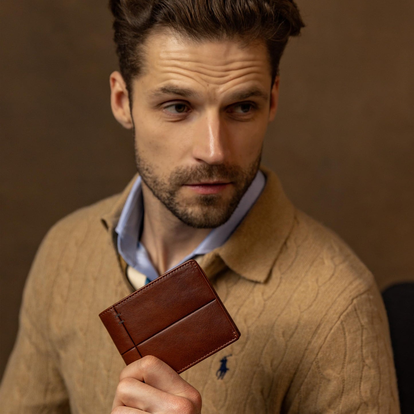 Time Resistance Leather Wallet – Italian Handmade Minimalist Design Wallet - Billfold Credit Card and Cash Holder (Cognac Brown)