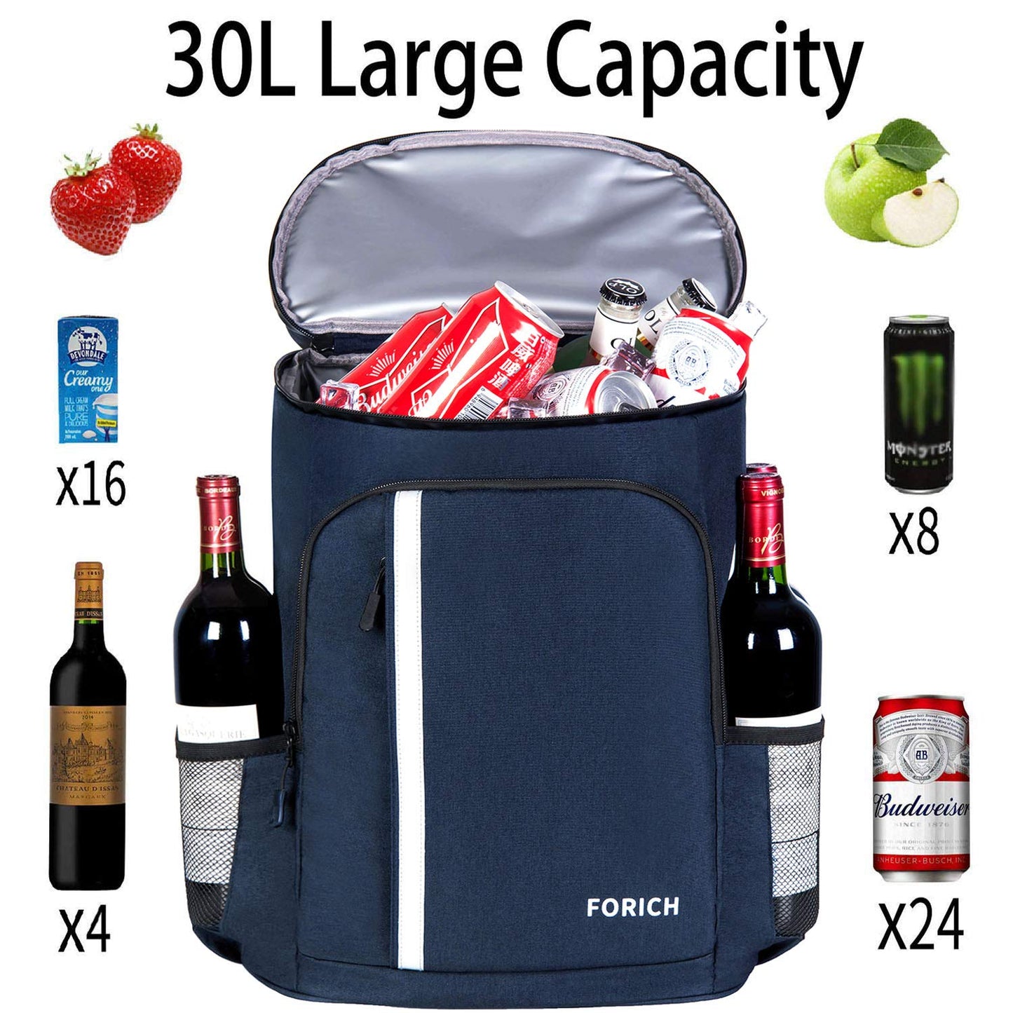 FORICH Backpack Cooler Leakproof Insulated Waterproof Backpack Cooler Bag, Lightweight Soft Beach Cooler Backpack for Men Women to Work Picnics Camping Hiking, 30 Cans(Blue)
