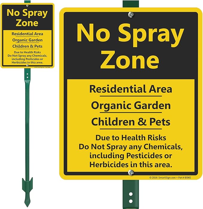 SmartSign 12" x 10" 'No Spray Zone Residential Area, Organic Garden, Children And Pets' LawnBoss Yard Sign with 3 ft Stake, 40 mil Laminated Aluminum, Black/Yellow, Set of 1, USA-Made