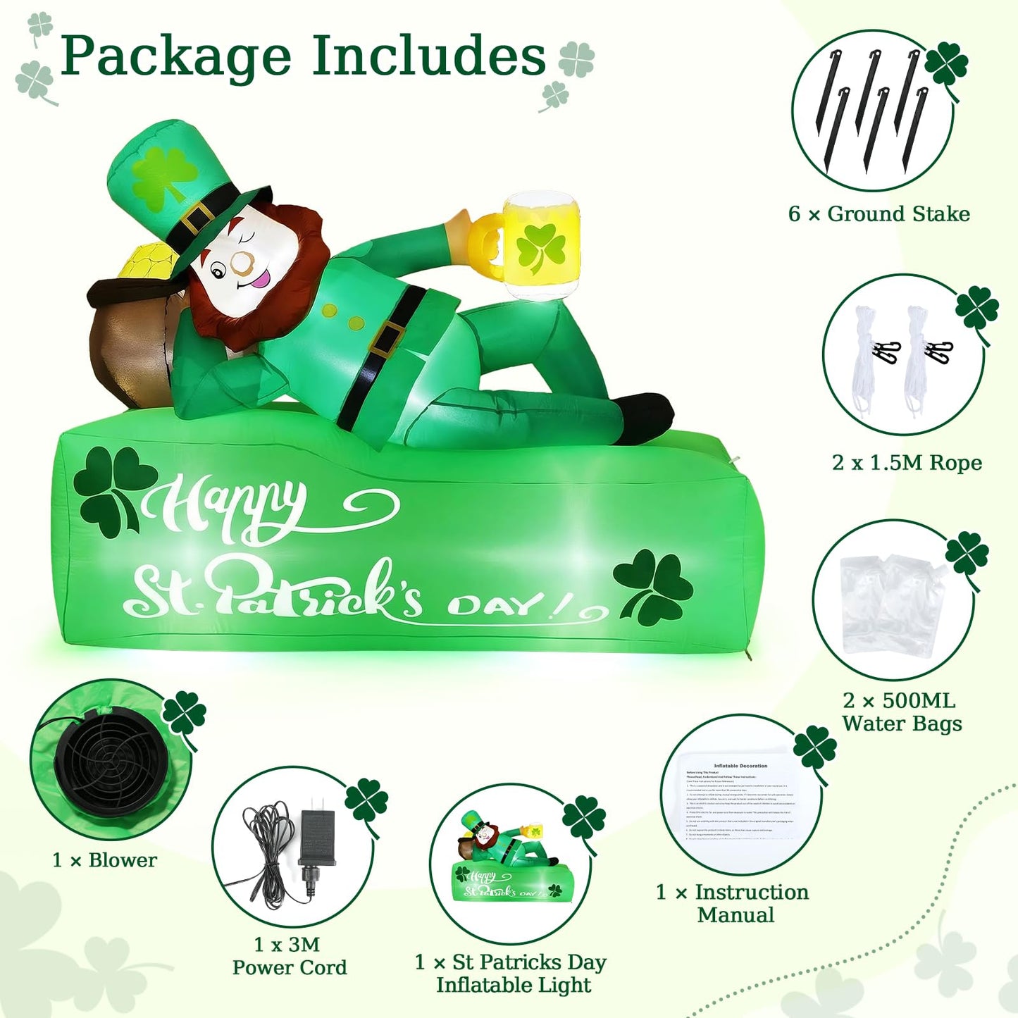 Lewondr 5.9FT St Patricks Day Inflatable Outdoor Decorations, Inflatable Leprechaun Lay on The Bed with Shamrocks, Blow up Yard Decoration with 6 Build-in Lights for Holiday Party Yard Lawn Garden
