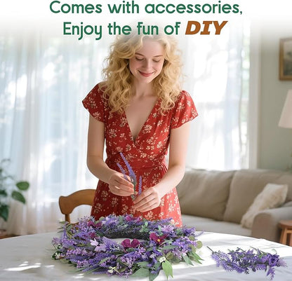 24" Lavender Wreath for Front Door - Artificial Floral Lush Summer Wreath with Adjustable Headband & DIY Decor for Wall, Home, Wedding, Party, Christmas (Purple)
