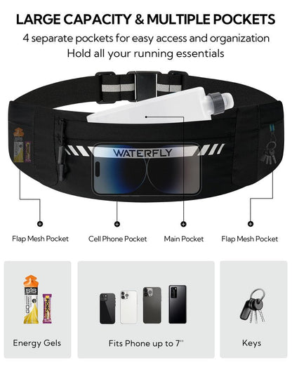 WATERFLY Running Belt Fanny Pack: Slim Breathable 4 Pocket Waist Bag for Men Women Sport Workout Exercise Fitness Phone Holder - Runner Marathon Jogging Waistband Fits ALL Phones Black