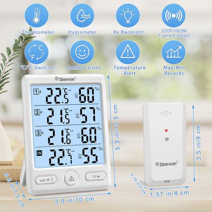 Geevon Indoor Outdoor Thermometer Wireless with 3 Remote Sensors, Digital Hygrometer Thermometer, Wireless Temperature Humidity Monitor Gauge with 200FT/60M Range (Black)
