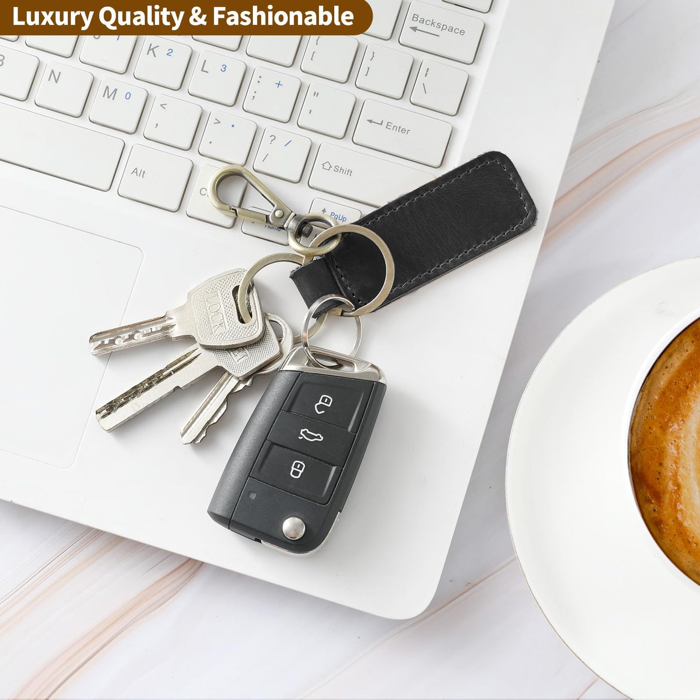 Jack&Chris Genuine Leather Car Keychain, Universal Key Fob Keychain, Leather Key Chain Holder for Men and Women, 2 Keyrings and Carabiner Clip, JC306-Black