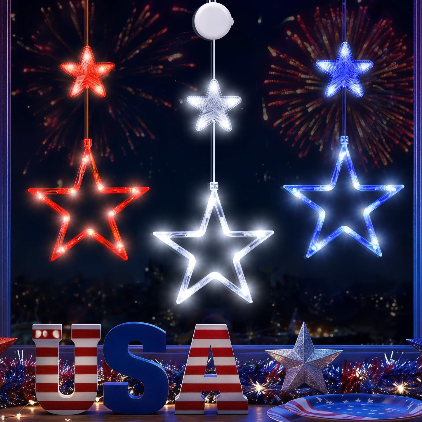 LYUBASA 4th of July String Lights Decorations, 3 Pack, Battery Operated, Red White and Blue, Indoor Window Star Lights, Patriotic Independence Day Decor