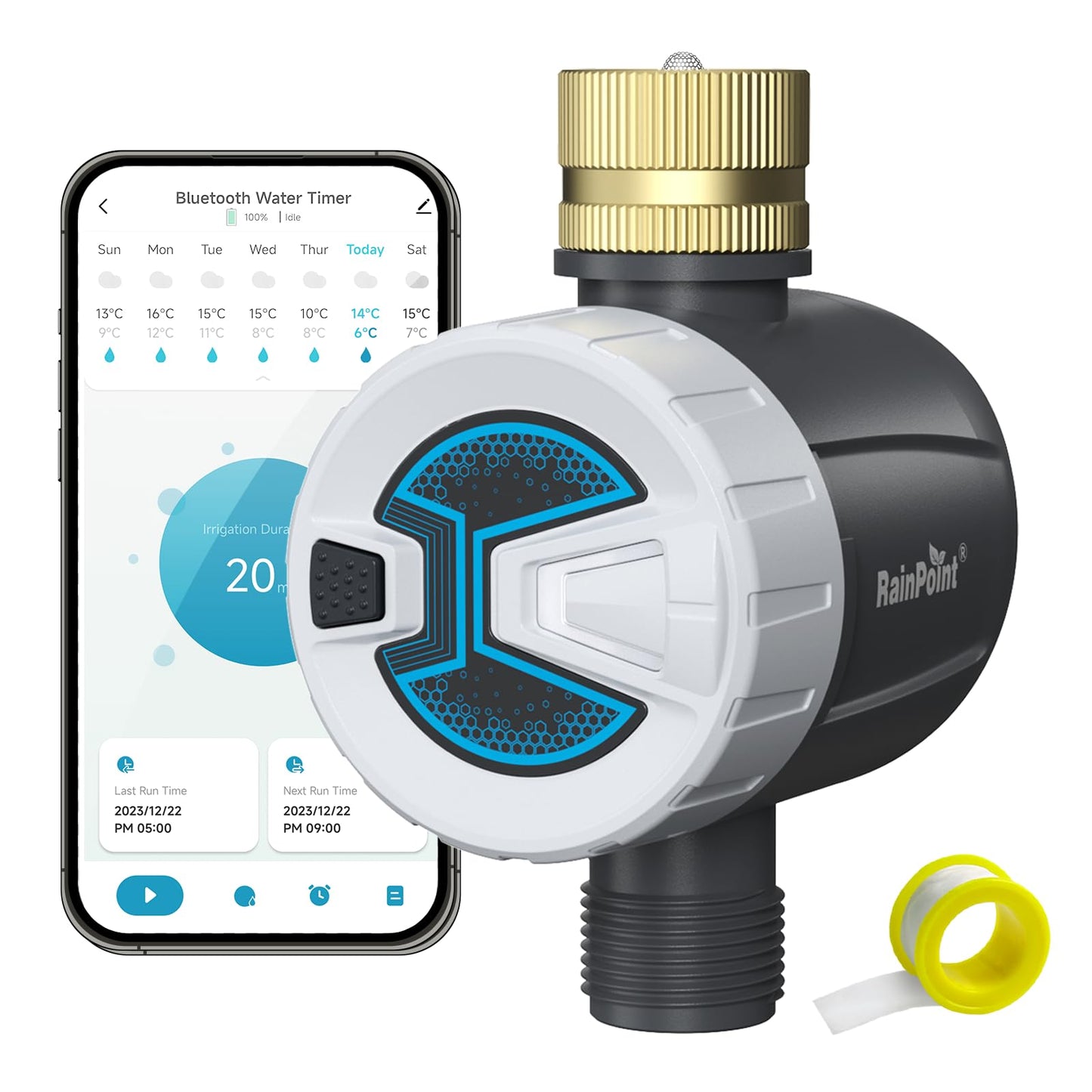 RAINPOINT Bluetooth Hose Timer with Brass Inlet,Smart Water Timer for Garden Hose with Rain Delay/Manual/Auto Watering, App Control