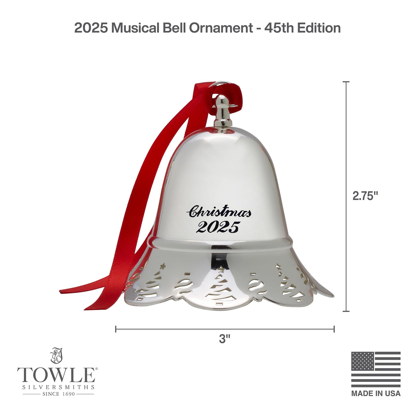 Towle Silver Plated Musical Christmas Bell Ornament 2025-45th Edition Annual Collectible Tree Decoration, Plays We Wish You a Merry Christmas, Dated Keepsake with Ribbon