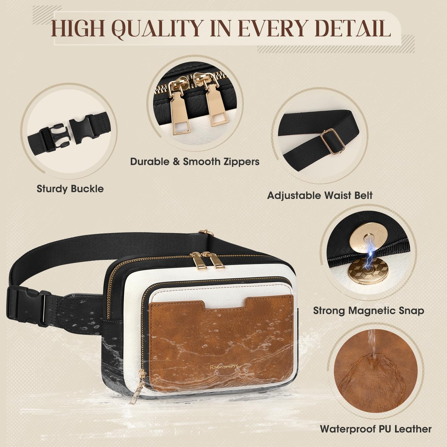 RAINSMORE Fanny Packs for Women, Leather Belt Bag Waterproof Everywhere Crossbody Waist Pack with Adjustable Strap Retro Sling Chest Bag for Work Running Travel Party, Black and Brown with White