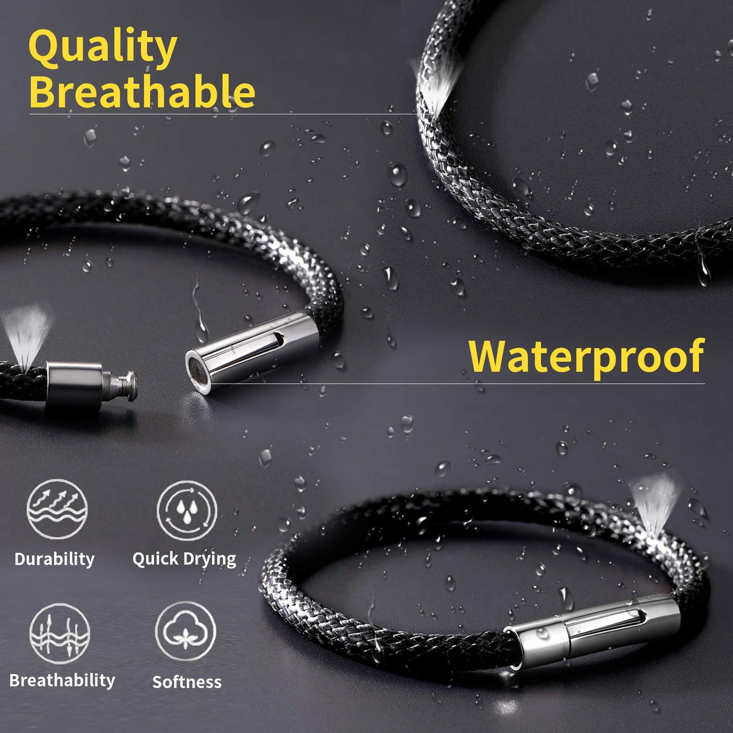 ChainsHouse Mens Waterproof Leather Bracelet 5mm 8.7inch Black Wrap Cuff Bangle for Male Birthday Gift