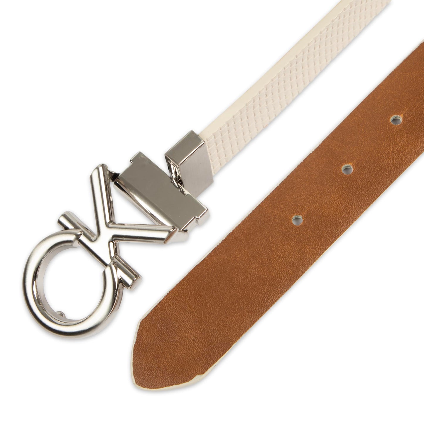 Calvin Klein Women's Puffed CK Logo Reversible Dress Belt, Bone/Tan, Medium
