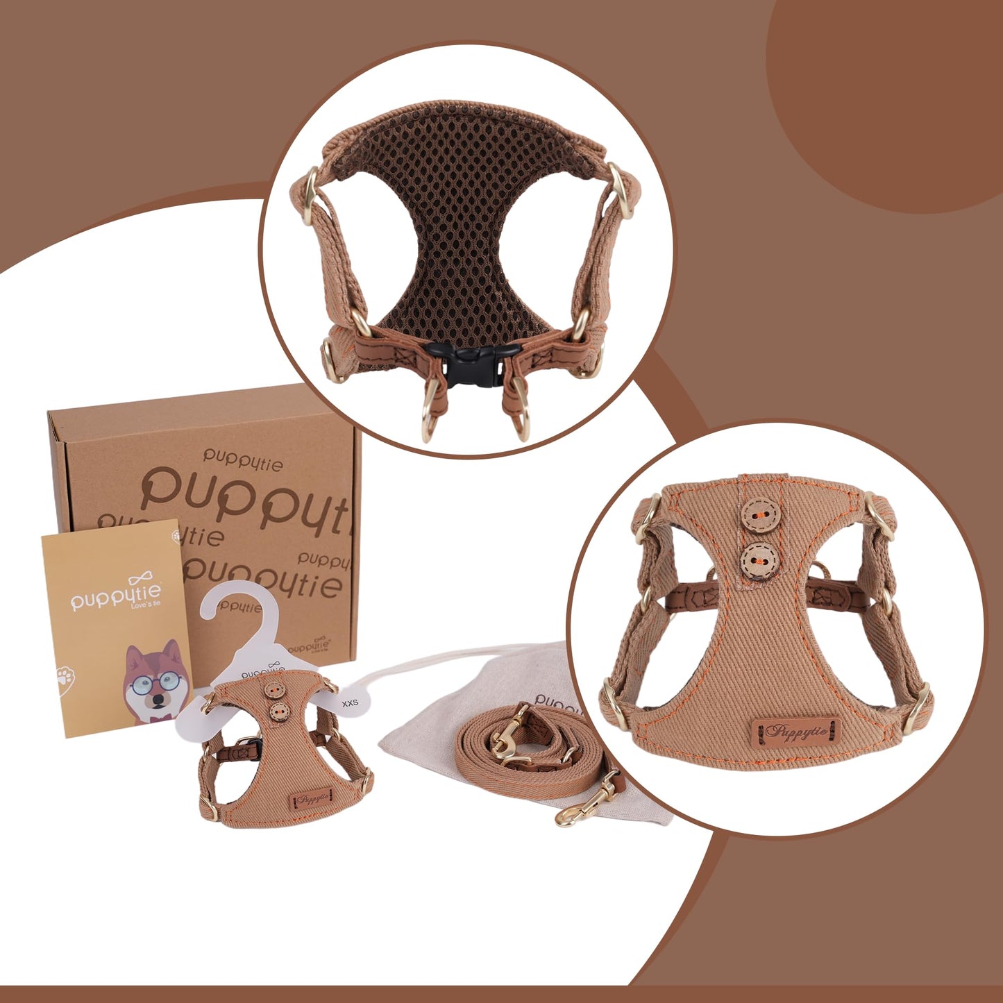 No Pull Dog Harness with Multifunction Dog Leash,Soft Adjustable No Choke Escape Proof Pet Harness Vest for Medium Dogs or Large Dogs,Khaki Camel,XS