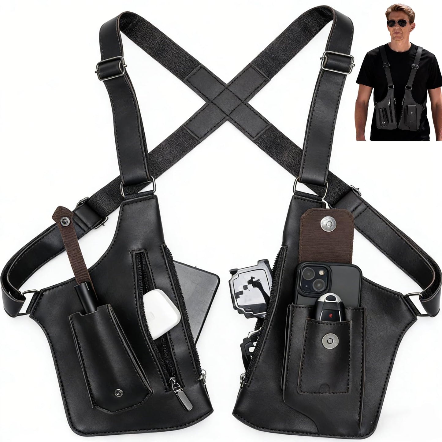 Premium Shoulder Bag for Men, Double Shoulder Armpit Bag Fashion Underarm Holster Wallet Adjustable PU Leather Waterproof Anti-Theft Harness for Men- Boyfriend, Father, Teen Gifts