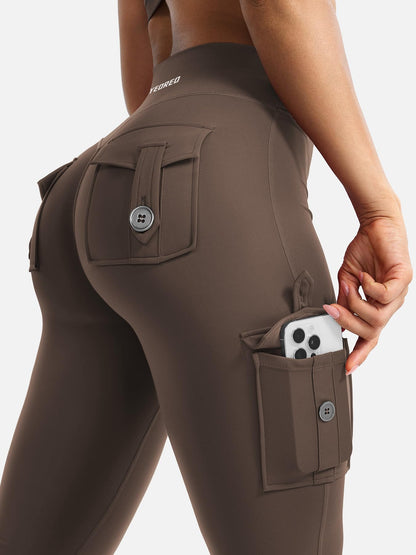 YEOREO CoreFlex Women Workout Flare Leggings with Pockets Hidden Scrunch High Waisted Cargo Gym Yoga Leggings Coffee M