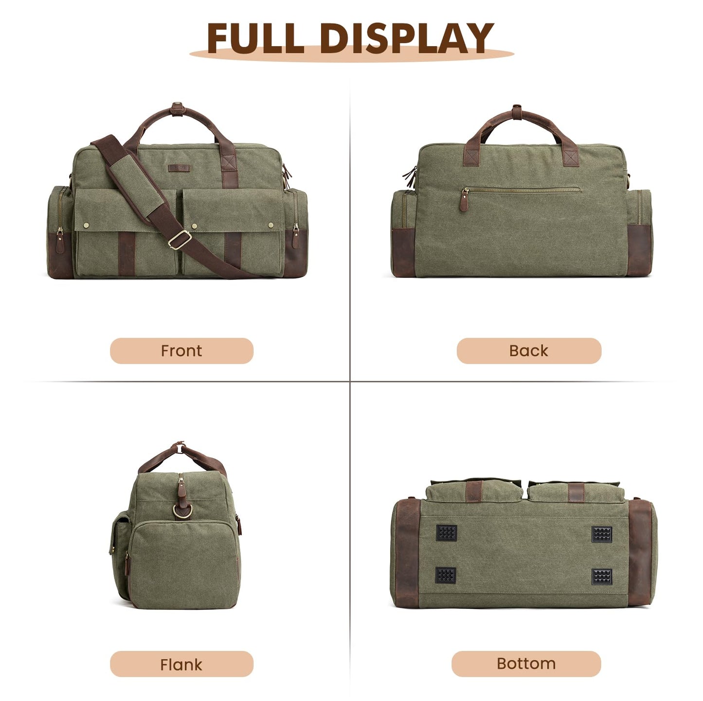 S-ZONE Large Canvas Travel Duffel Bag Weekend Overnight Bag Carry on Leather Trim Holdall Gym Bag with Multi-Pockets for Men and Women, Army Green