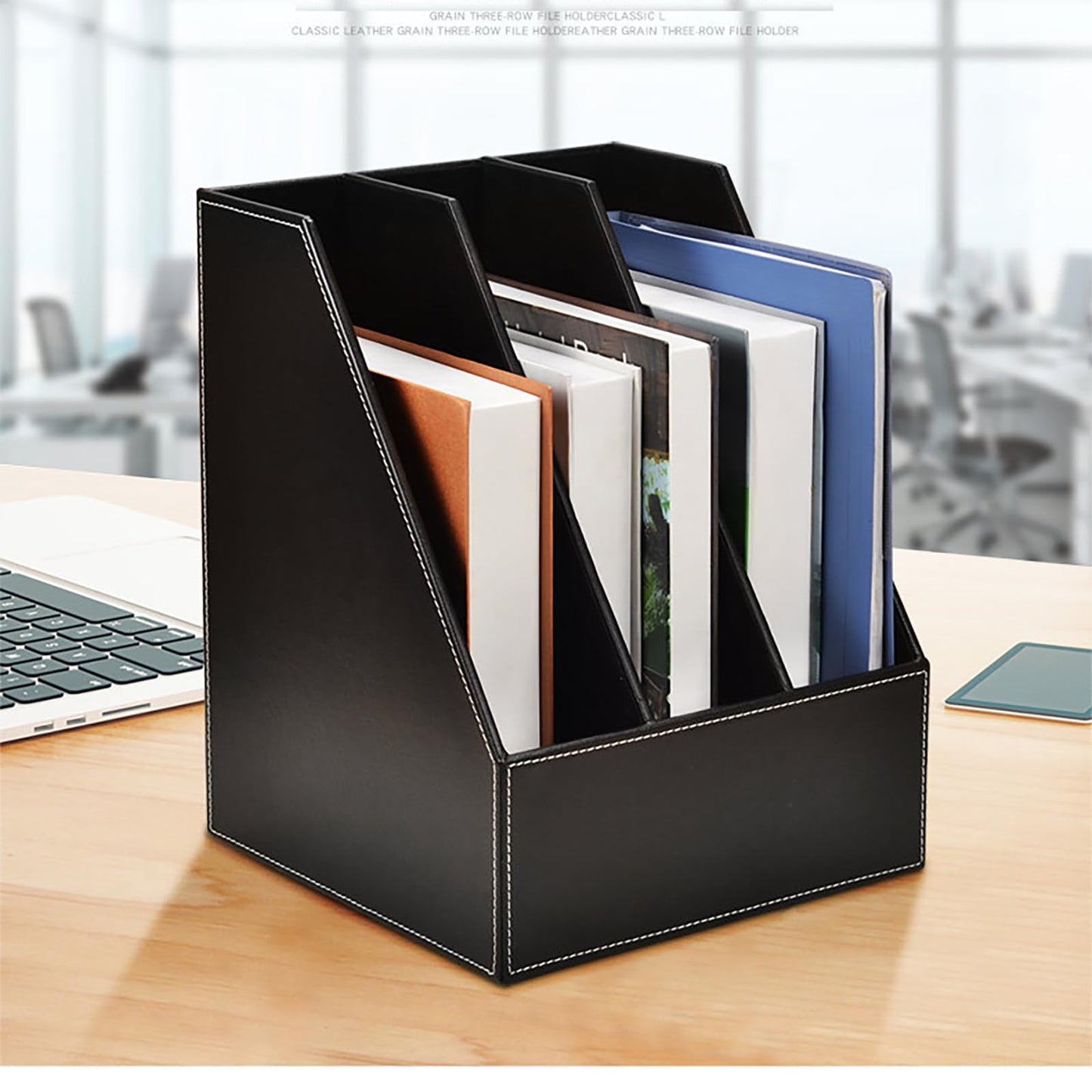 3 Tier Leather Magazine Holder - Vertical File Organizer with PU Leather Cover, Handmade Office Desk Organizer for A4/A3 Documents, Magazines, Books - Black (3 slot)