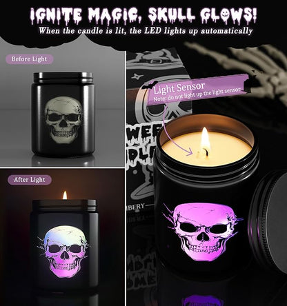 Halloween Decor Indoor-Halloween Gifts Candles with LED Skull Face, Leather Candle for Men Over 40 Hours of Burn Time, Gift for Husband, Friends, Home Decorations Indoor, 100% Soy Wax