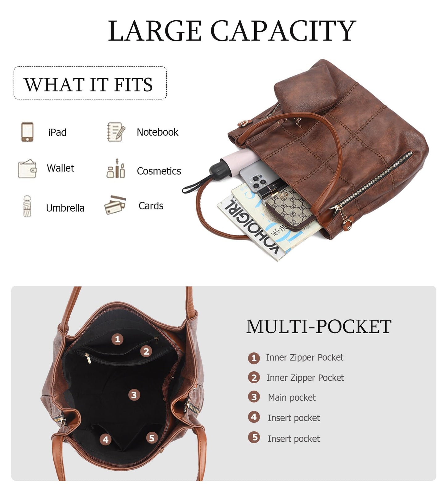 myfriday 2pcs Soft Faux Leather Tote Bag for Women Set, Slouchy Shoulder Handbag Vintage Top Handle Purse with Coin Purse (Grey)
