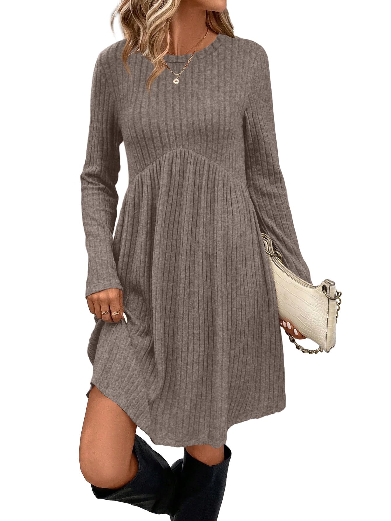 OFEEFAN Long Sleeve Dress for Women Crew Neck Empire Waist Tunic Dress with Pockets