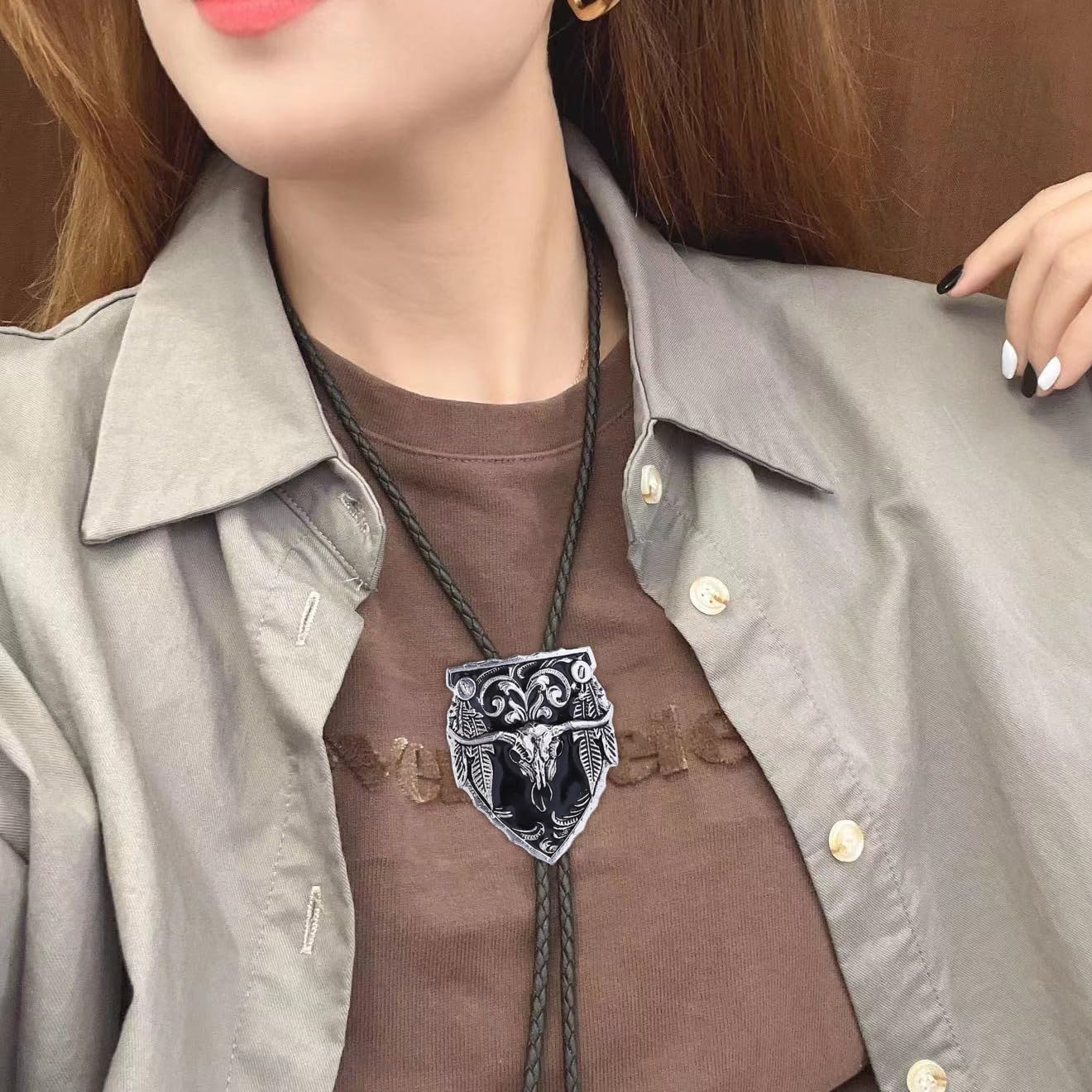 Popeoiuh Vintage Bolo Tie for Men Women Western Cowboy Leather Necktie Handmade Bolotie Cowboy Bull Head Shield Shape Bola Tie