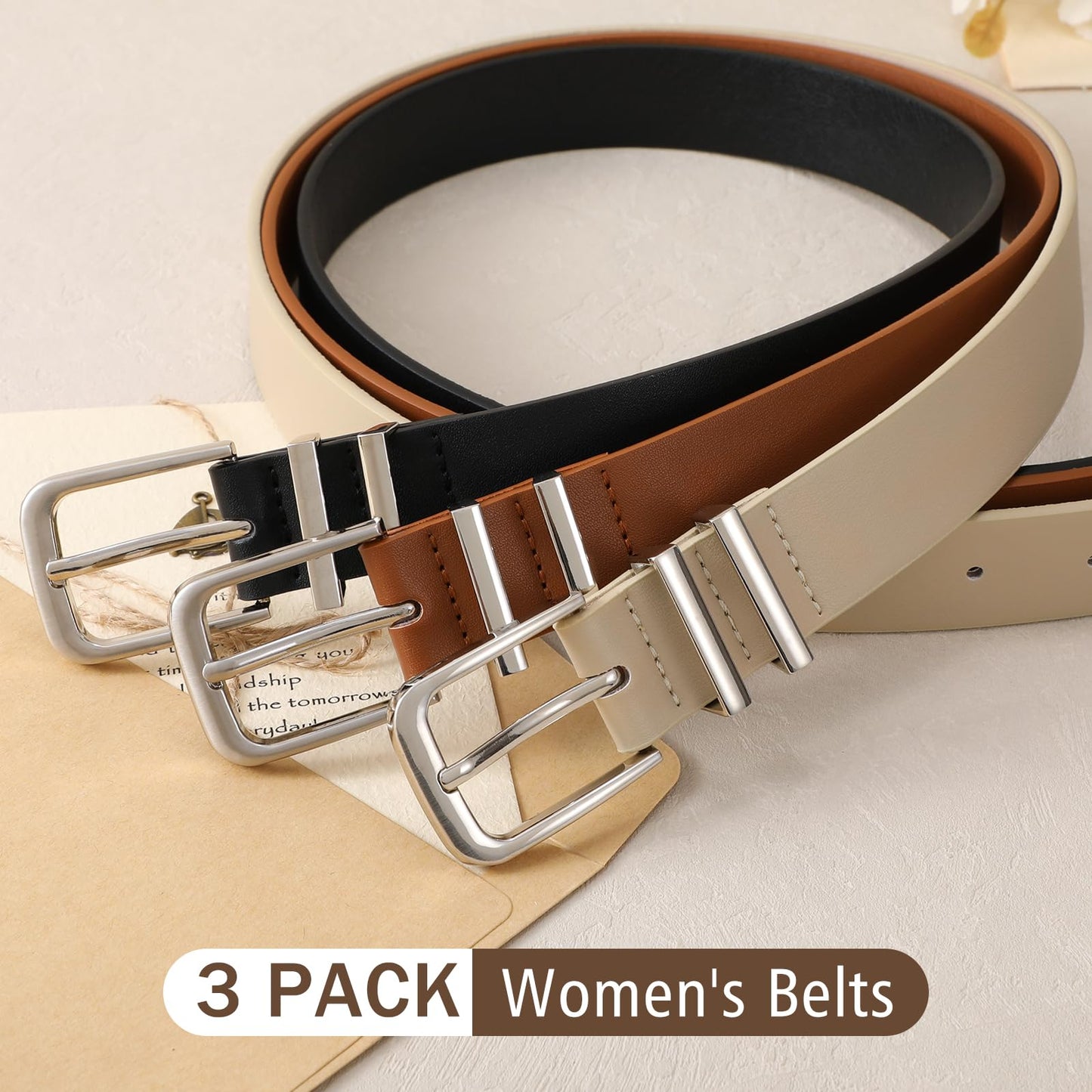 3 Pack Women's Belts for Jeans Pants Dresses Fashion Ladies Leather Waist Belt with Buckle Leather Belts,Black Beige Brown,M