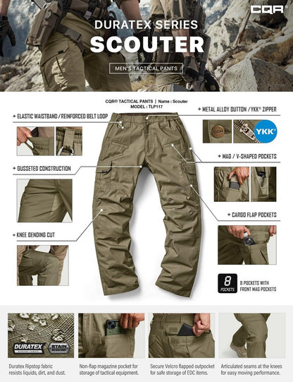 CQR Men's Tactical Pants, Water Resistant Ripstop Cargo Pants, Lightweight EDC Work Hiking Pants, Outdoor Apparel, Raider Soil Green, 34W x 34L