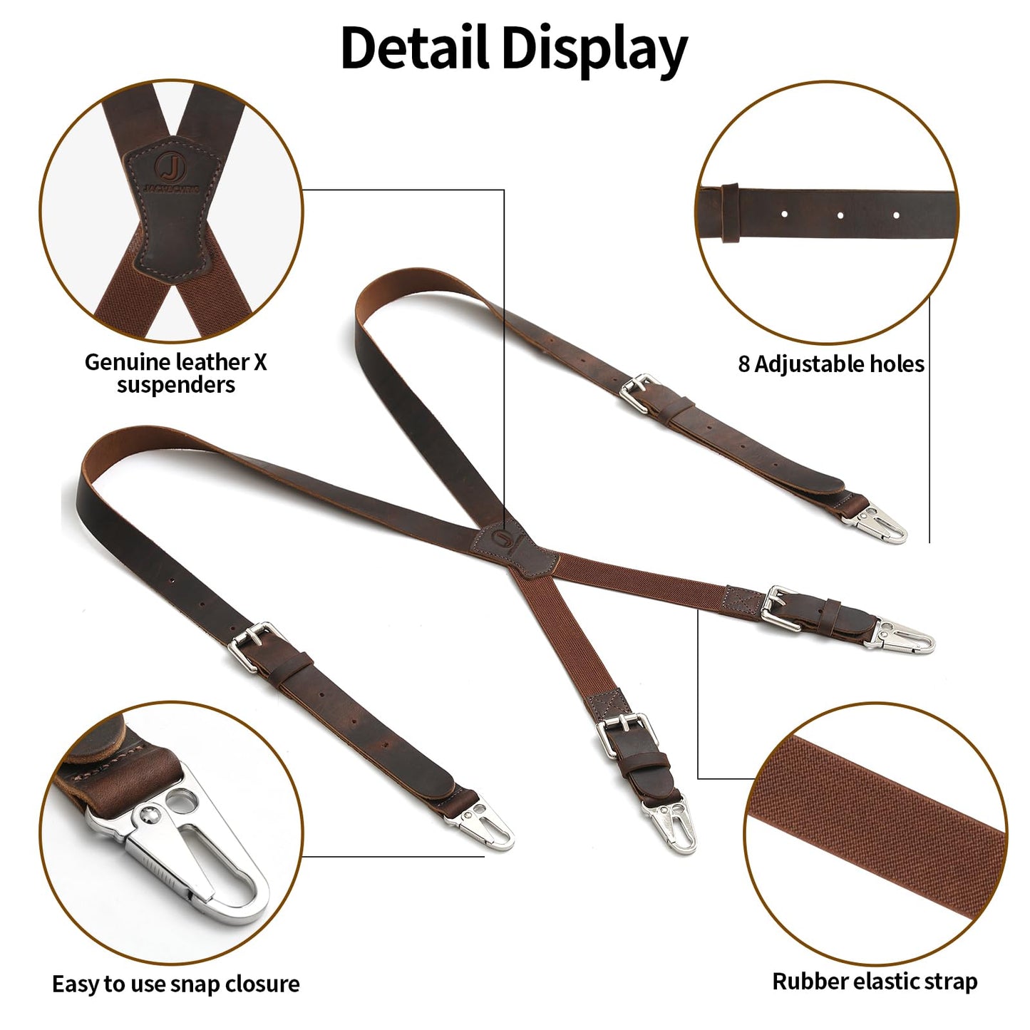 Jack&Chris Genuine Leather X-Shaped Suspenders for Men, Solid 1 Inch Wide Adjustable Heavy Duty Suspenders with Sturdy Clips, Men Accessories For Jeans, Red Brown