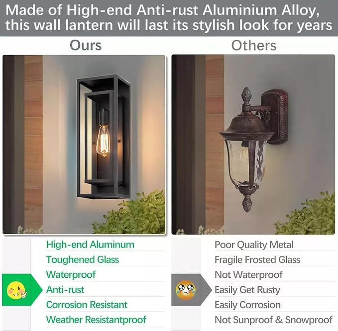 2 Pack 18 inches Outdoor Wall Lantern Light Fixture, Large Black Exterior Waterproof Wall Sconce, Anti-Rust Mount Porch Light with Clear Glass,E26 Socket