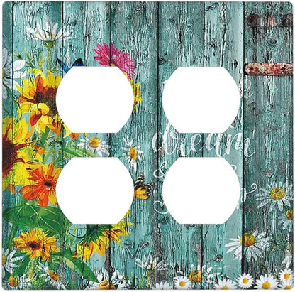 Decorative Light Switch Cover Plate Rustic Vintage Wood Planks Sunflower Butterfly 2 Gang Socket Covers Double Duplex Wallplates Switch Plates and Outlet Covers for Bathroom Home Decor