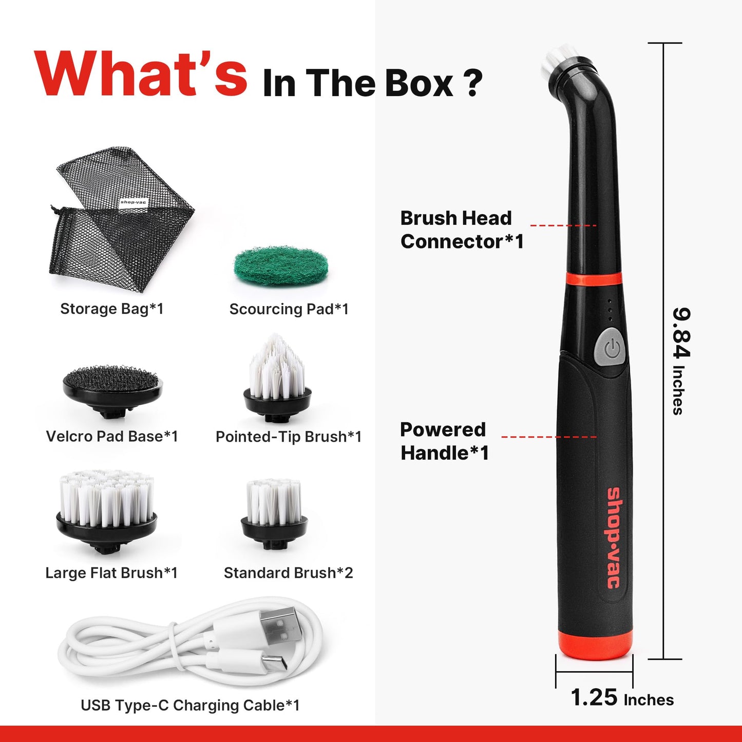 Shop-Vac Electric Spin Scrubber with 2000RPM Motor, 90Min Long Runtime with 5 Replaceable Head, LED Display and IPX6 Waterproof, Cordless Electric Scrubber for Cleaning Grout, Tile, Bathroom, Kitchen
