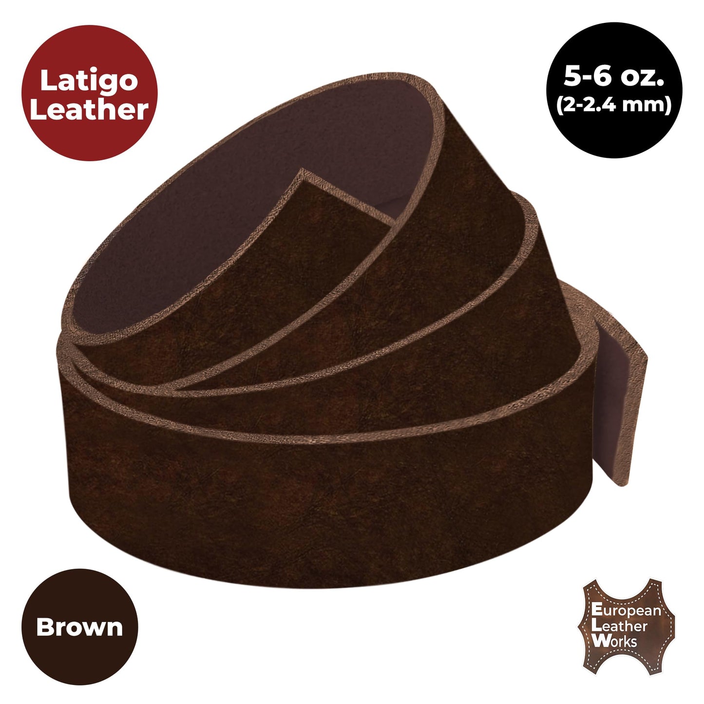 ELW 5-6 oz (2-2.4mm) Latigo Leather Belt Grade Straps | Size: 1.5"x50" (3.8x127cm) | Brown | Full Grain Cowhide, Heavy Duty Holsters, Sheathes, Harness, Saddle, Guitar Straps, Crafts