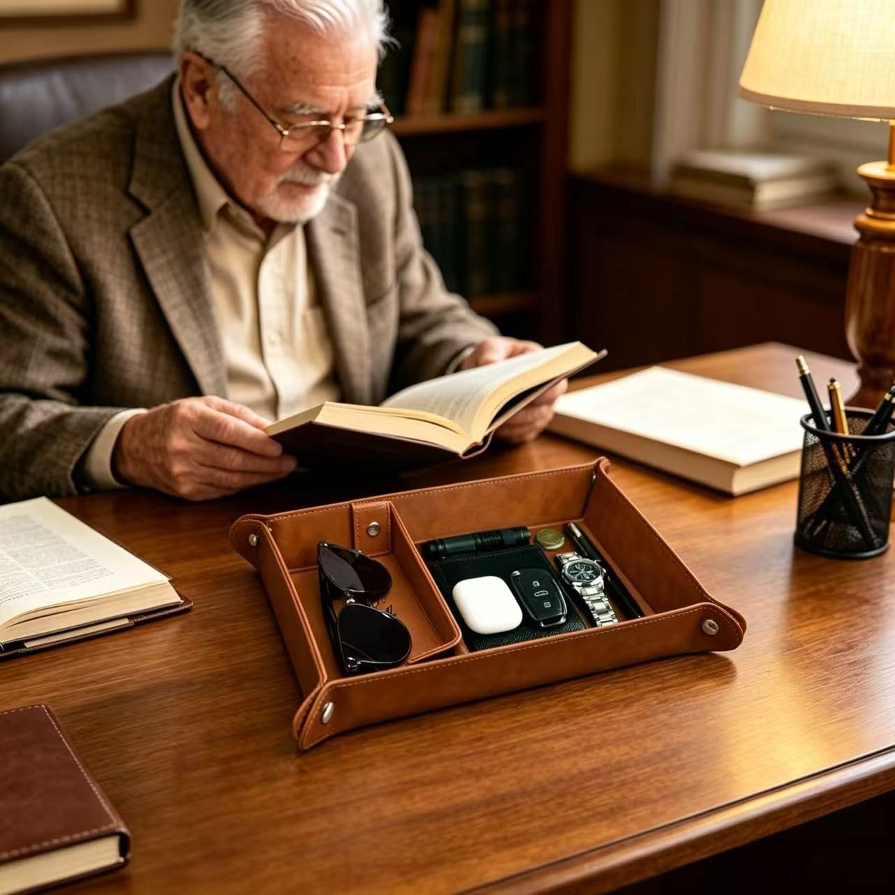 Papa Grandpa Gifts for Fathers Day PU Leather Valet Tray and Keychain, Father's Day Birthday Gift for Grandpa from Granddaughter Grandson, Men Gift for Grandpa Grandfather Presents Useful Stuff