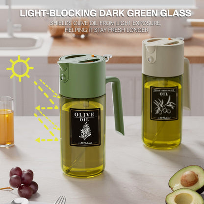 2-IN-1 500ml/17oz Light-Blocking Dark Oil Sprayer for Cooking with Sticker, Dark Green Glass Olive Oil Dispenser Bottle for Kitchen, Even Spray with Portion Control, Perfect for Air Fryer, BBQ - Black