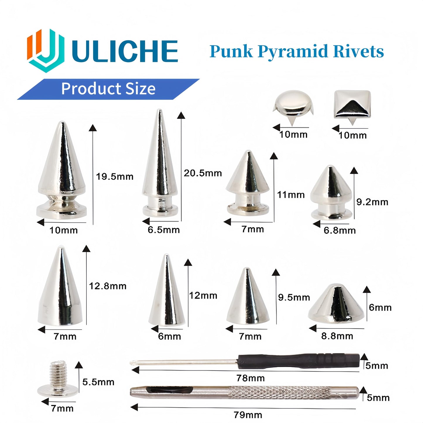 Uliche 559 Pcs Punk Studs and Spikes Kit，8 Sizes Cone Spikes,Square Pyramid&Circular Rivet,Metal Tree Spikes Studs for Clothing and Leathercraft Accessories DIY Craft Decoration,Wristband Included