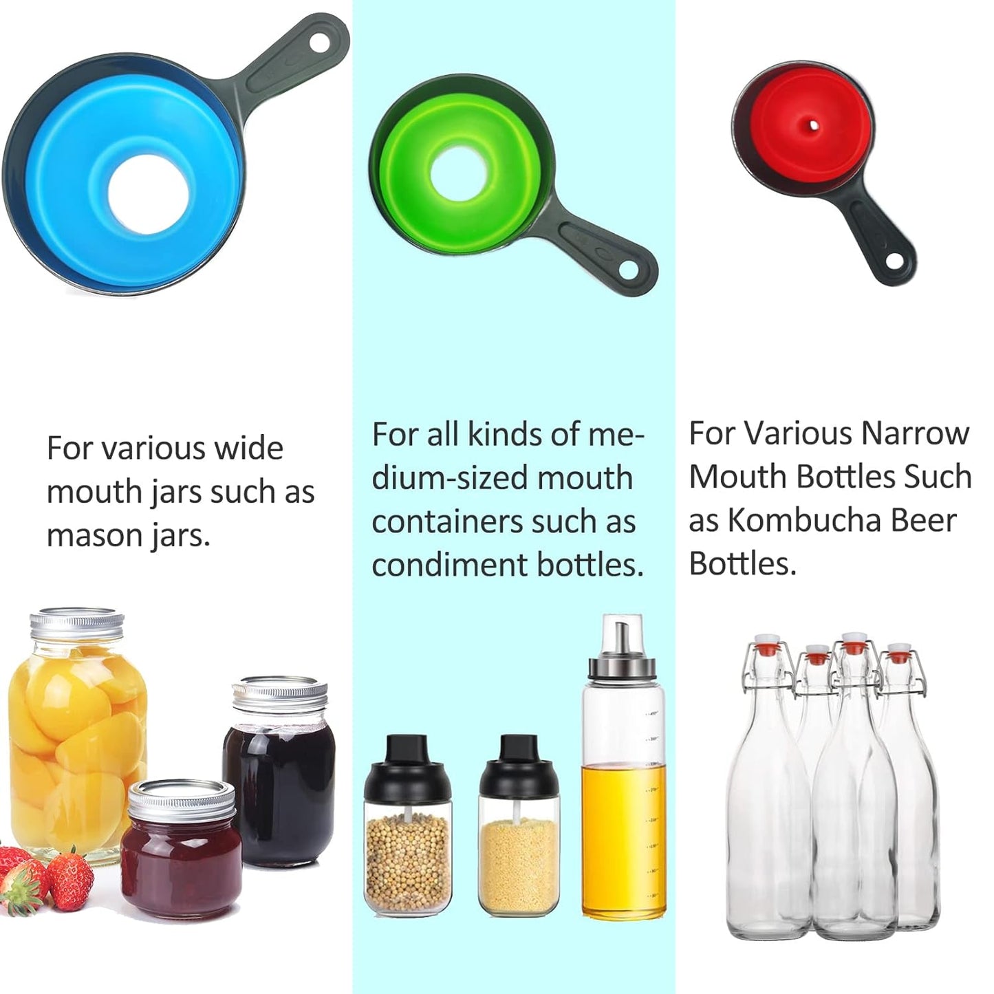 Delove Canning Funnel with Strainer - Wide Mouth Food Funnels for Kitchen Use - Mason Jars Canning Supplies Kit Tools - Funnels for Filling Bottles - Food Grade Silicone -4 Pack