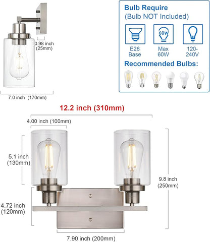 MELUCEE Metal Wall Lights with Clear Glass Shade 2 Heads Bathroom Light Fixtures Brushed Nickel Modern Vanity Lights Sconces for Hallway Bedroom Kitchen (Patent No.: US D963914 S)