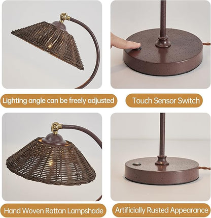 2 Pack Woven Rattan Bedside Table Lamp for Bedroom,Boho Plug in Handmade Rattan Shade&Anti-Rust Iron Base Desk Lamp,Plug & Play Vintage Dark Brown Nightstand Lamp for Living Room,Office【Bulb Included】