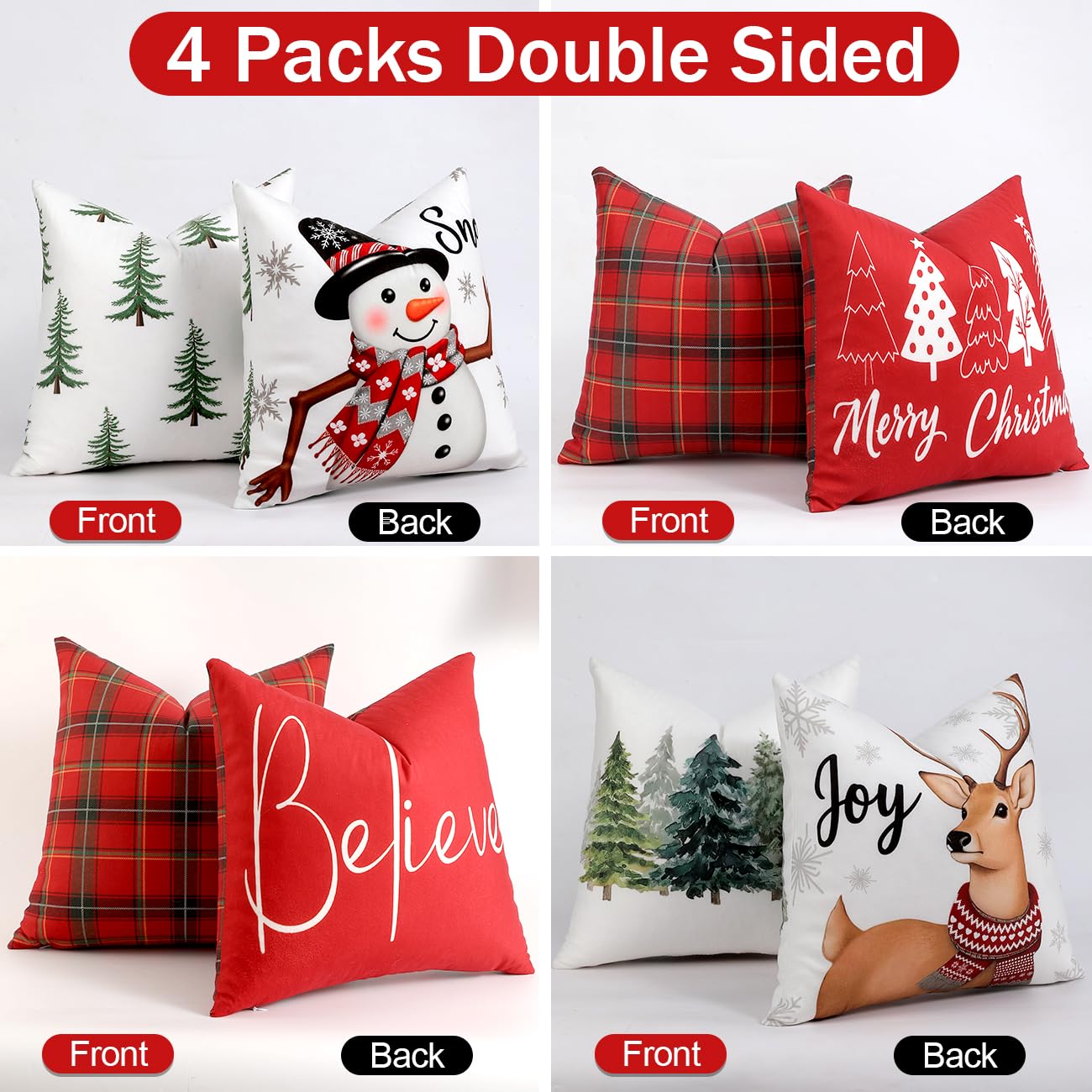 TOYPOPOR Christmas Decorations, Double Sided Plaid Throw Pillow Covers 16x16 Inches Set of 4, Christmas Tree, Snowflakes, Merry Christmas, Snowman Reindeer Winter Holiday Pillowcase for Sofa Couch