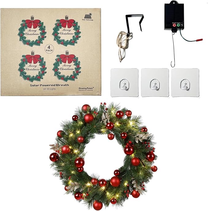 4pack Solar Christmas Wreath 24 Inch Pre-Lit Solar 50 Led Artificial Wreath Outdoor Front Door Window Christmas Decorations with Frosted Branches Red Christmas Balls (2408-4pk)