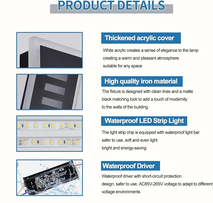 2-Pack Outdoor Wall Light LED 24W 23.6in Long - Black Metal Waterproof Modern Exterior Lighting Fixture,Frosted Acrylic Porch Sconce,for Patio,Garage,Courtyard (3000K-6000K)